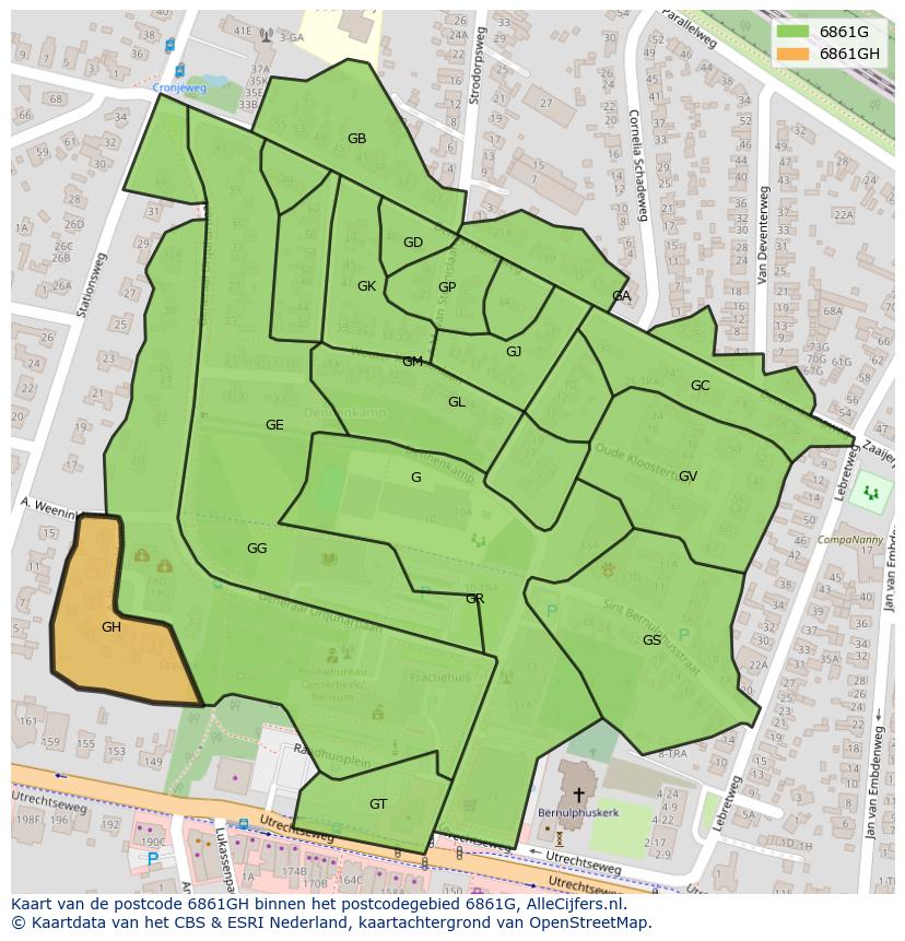 Afbeelding van het postcodegebied 6861 GH op de kaart.