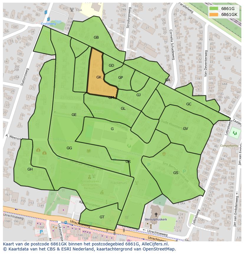 Afbeelding van het postcodegebied 6861 GK op de kaart.