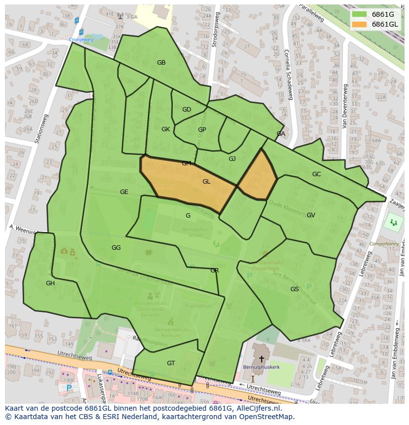 Afbeelding van het postcodegebied 6861 GL op de kaart.