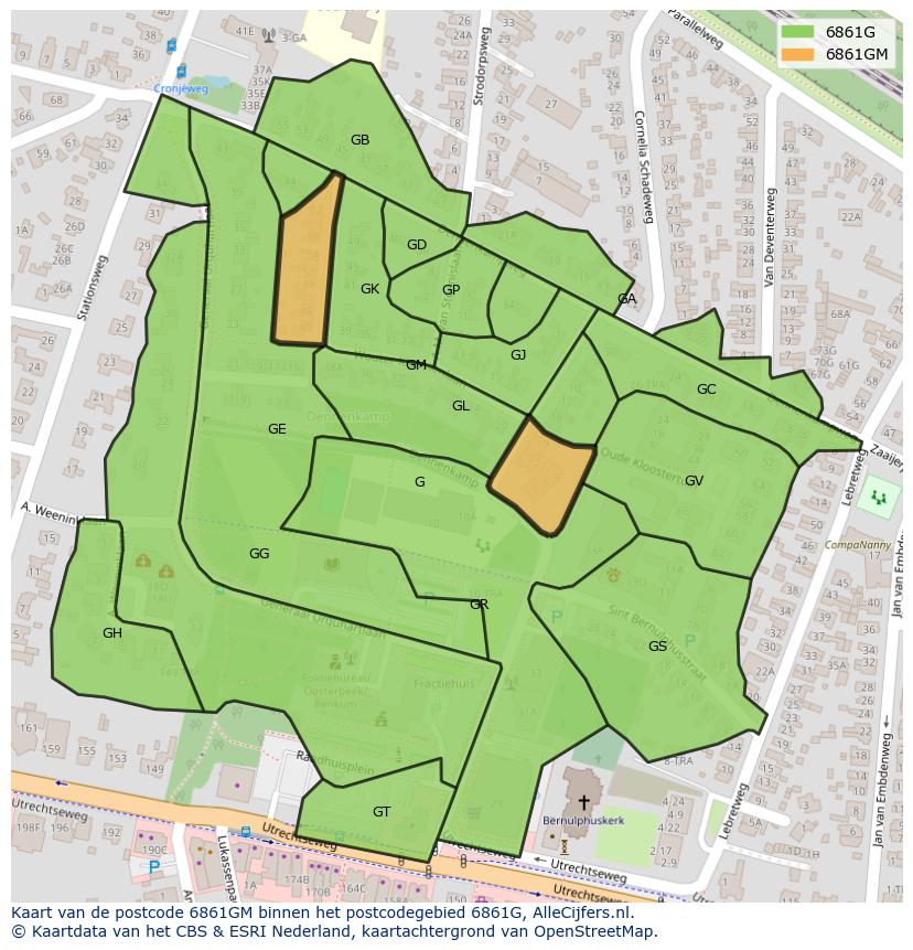 Afbeelding van het postcodegebied 6861 GM op de kaart.