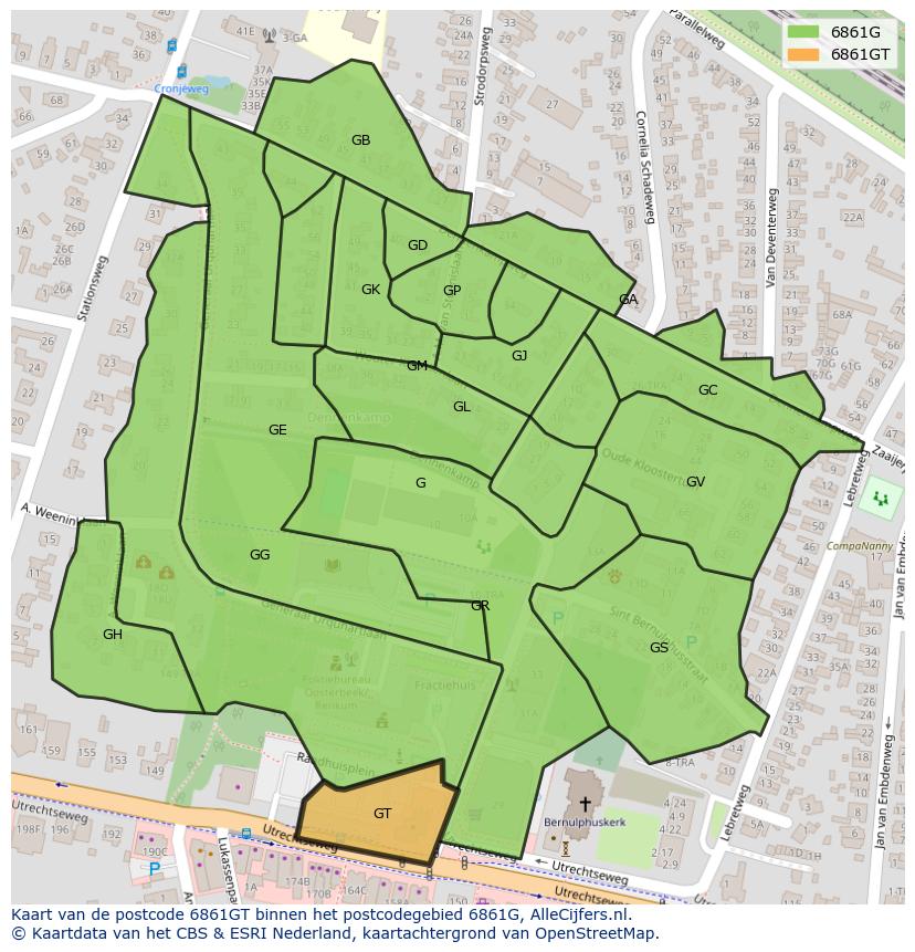 Afbeelding van het postcodegebied 6861 GT op de kaart.