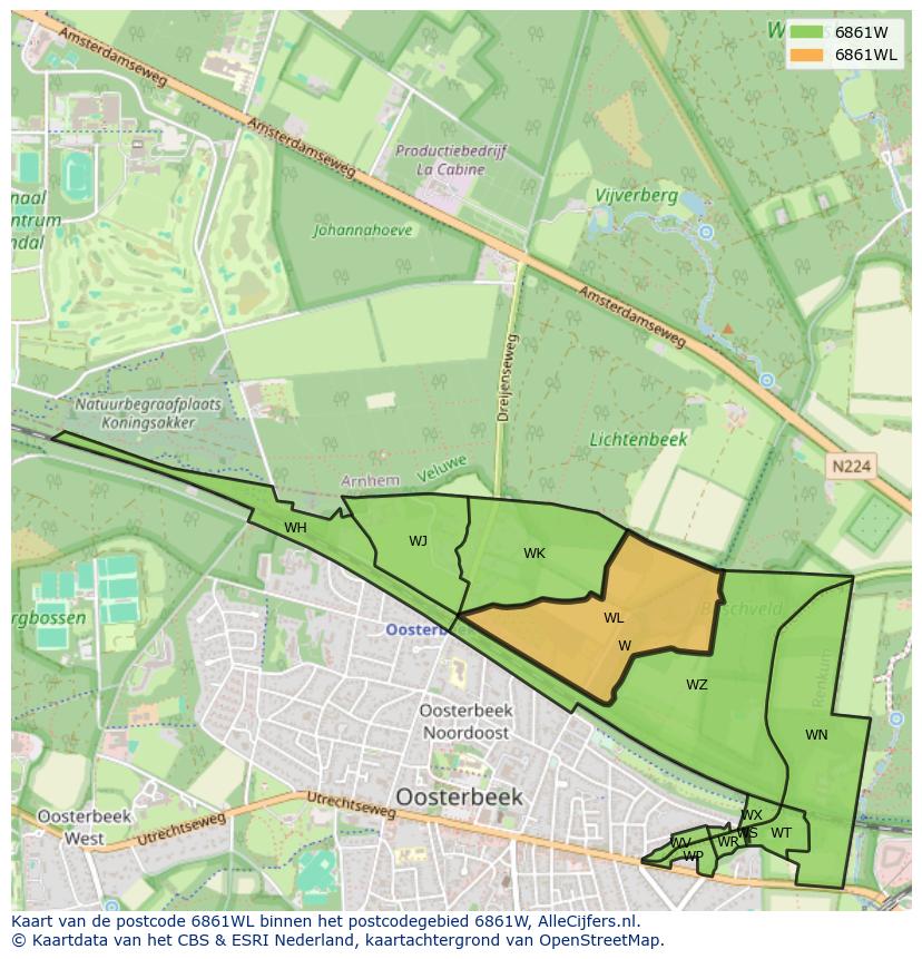 Afbeelding van het postcodegebied 6861 WL op de kaart.