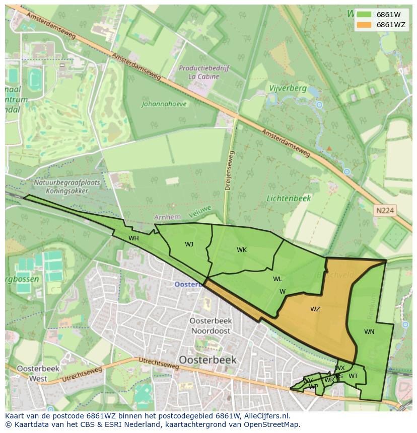 Afbeelding van het postcodegebied 6861 WZ op de kaart.
