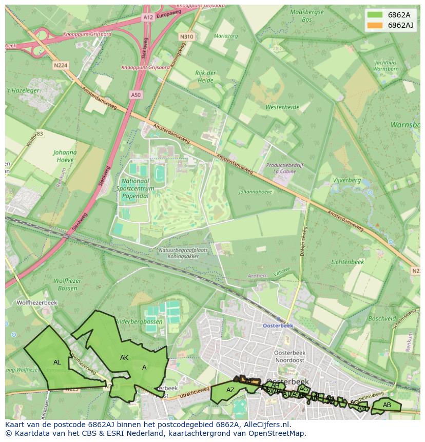 Afbeelding van het postcodegebied 6862 AJ op de kaart.