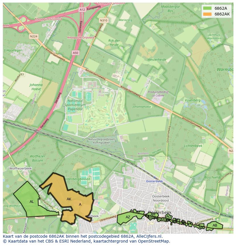 Afbeelding van het postcodegebied 6862 AK op de kaart.