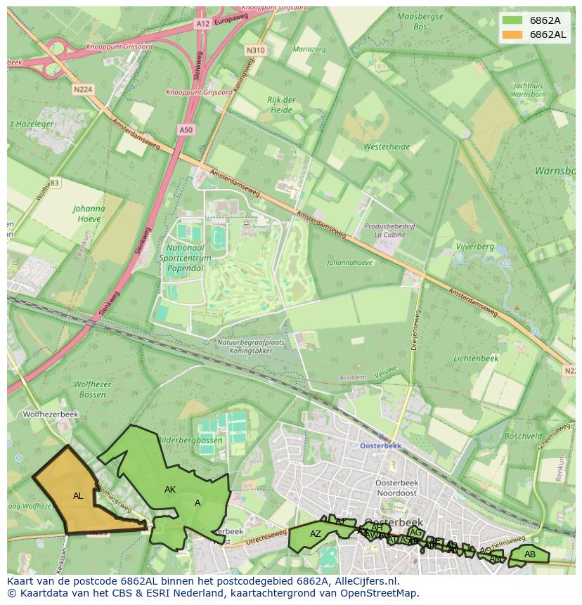 Afbeelding van het postcodegebied 6862 AL op de kaart.