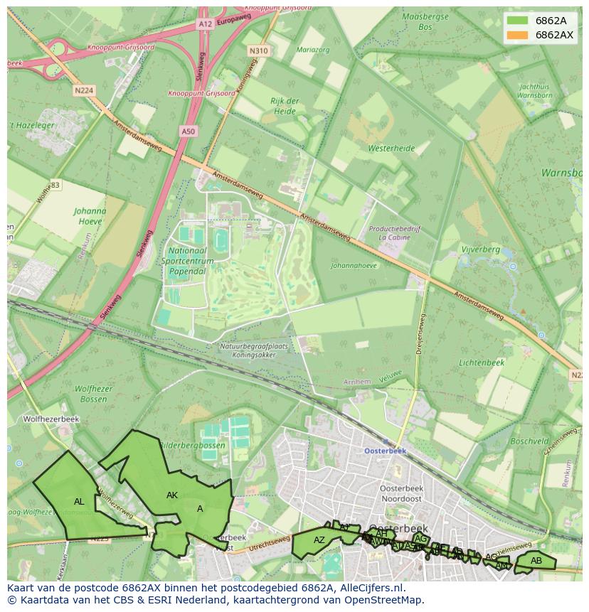 Afbeelding van het postcodegebied 6862 AX op de kaart.