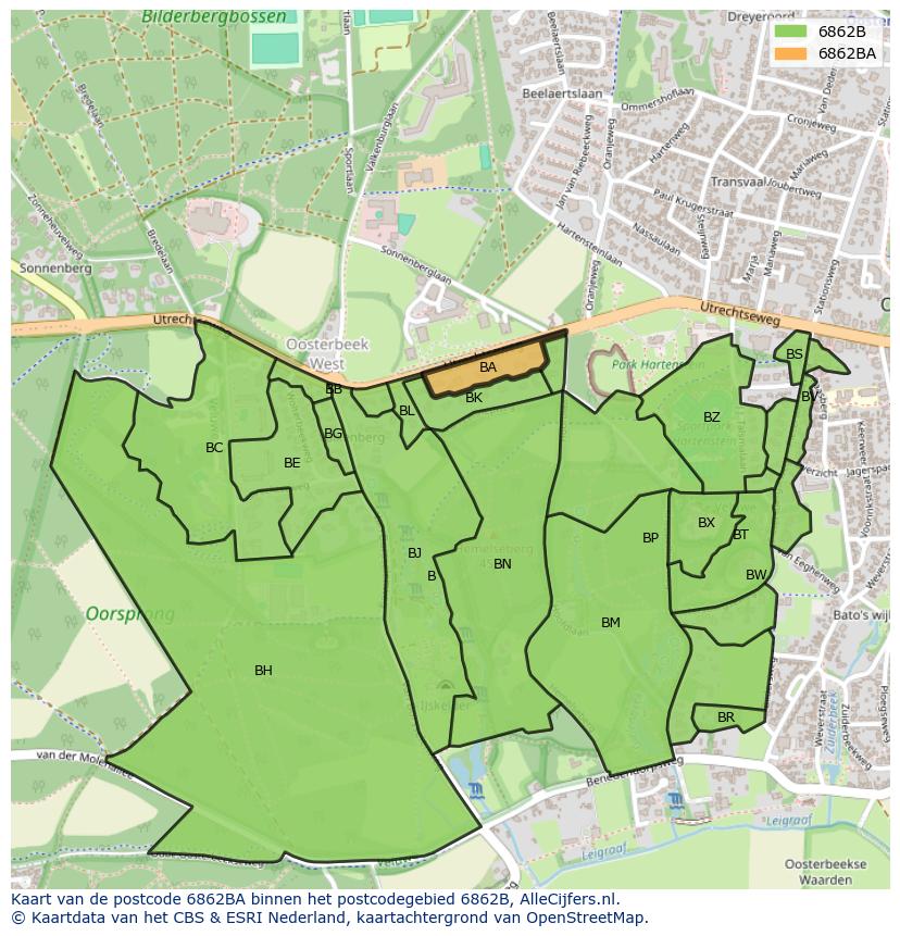 Afbeelding van het postcodegebied 6862 BA op de kaart.