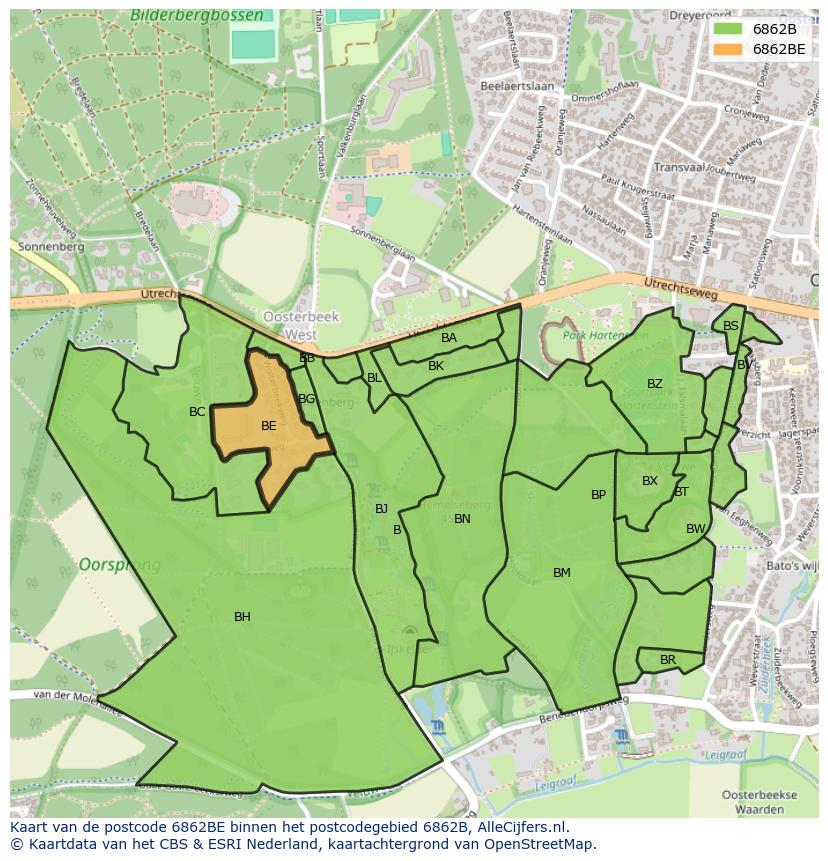 Afbeelding van het postcodegebied 6862 BE op de kaart.