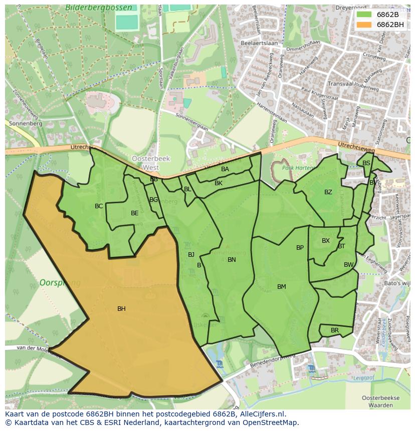 Afbeelding van het postcodegebied 6862 BH op de kaart.