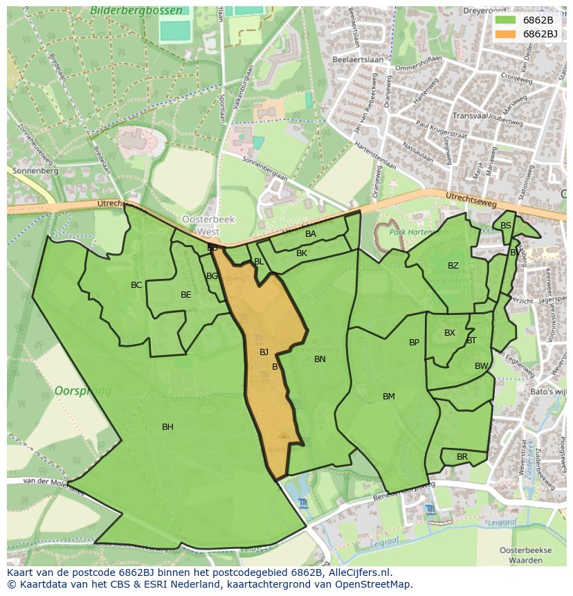 Afbeelding van het postcodegebied 6862 BJ op de kaart.