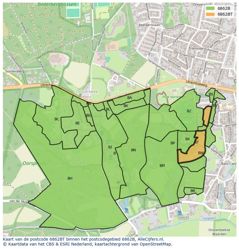 Afbeelding van het postcodegebied 6862 BT op de kaart.
