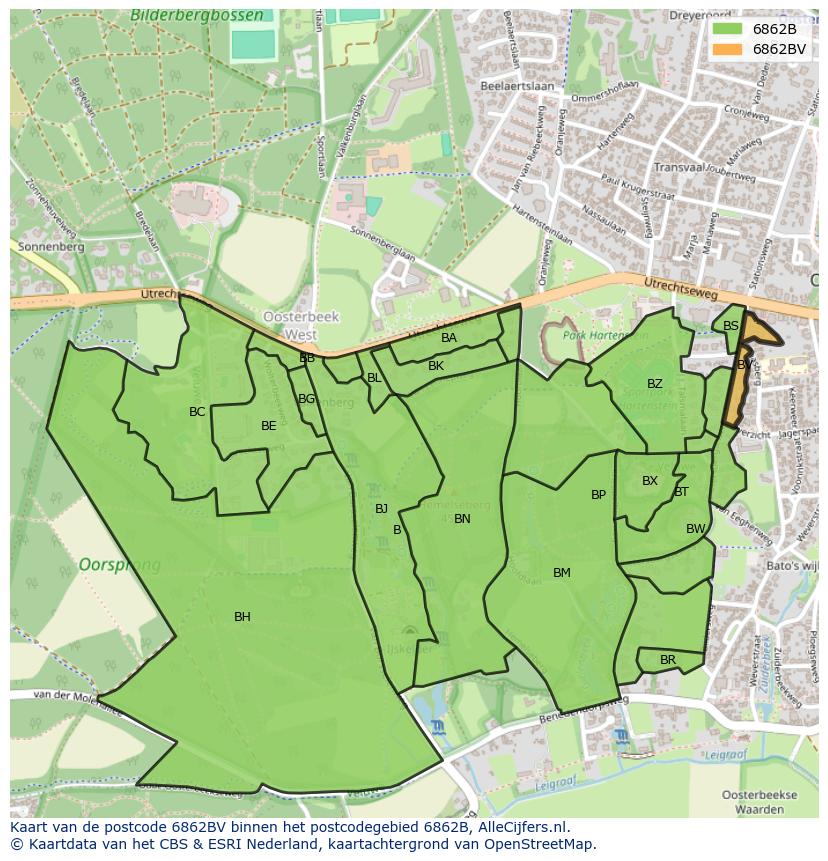 Afbeelding van het postcodegebied 6862 BV op de kaart.