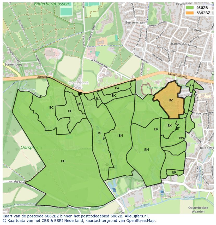Afbeelding van het postcodegebied 6862 BZ op de kaart.