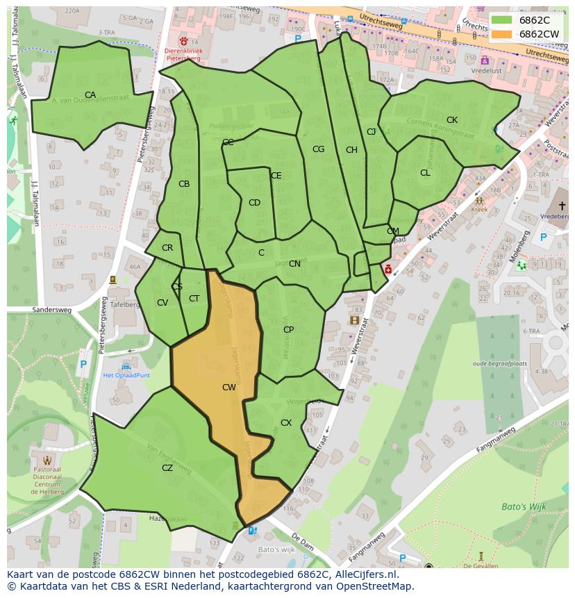 Afbeelding van het postcodegebied 6862 CW op de kaart.