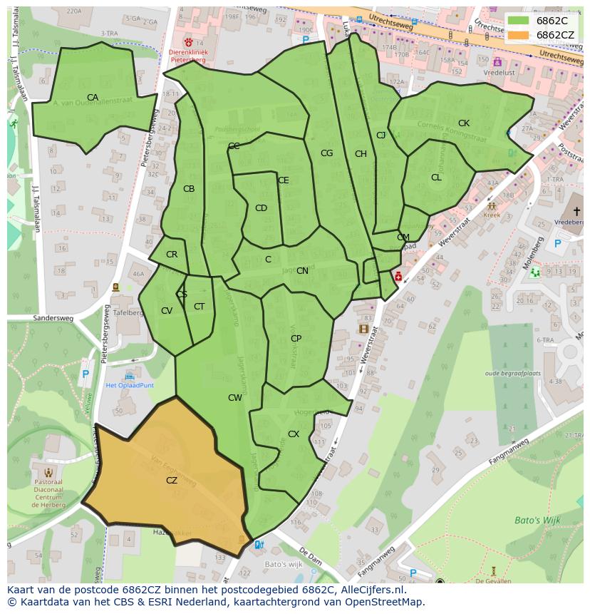 Afbeelding van het postcodegebied 6862 CZ op de kaart.