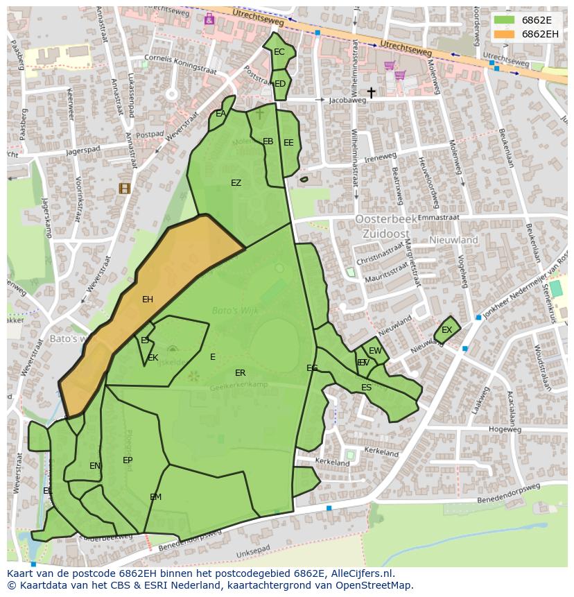 Afbeelding van het postcodegebied 6862 EH op de kaart.