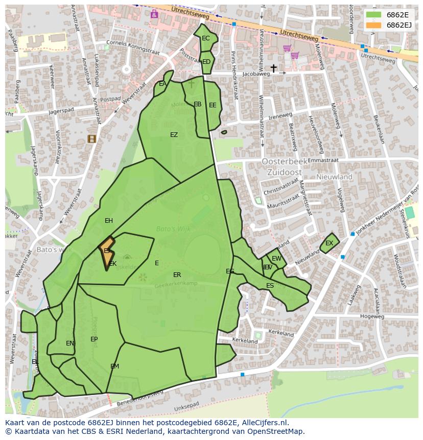 Afbeelding van het postcodegebied 6862 EJ op de kaart.