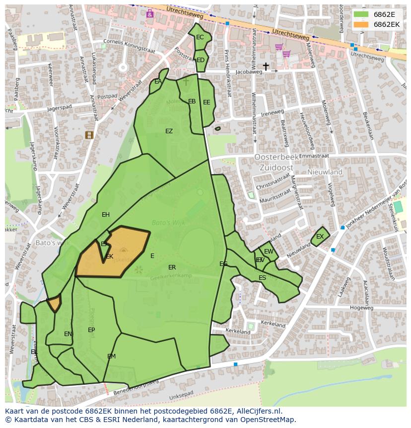 Afbeelding van het postcodegebied 6862 EK op de kaart.