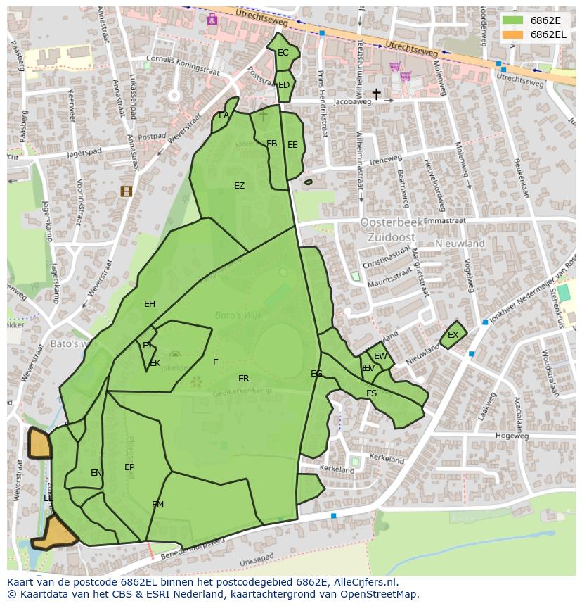Afbeelding van het postcodegebied 6862 EL op de kaart.