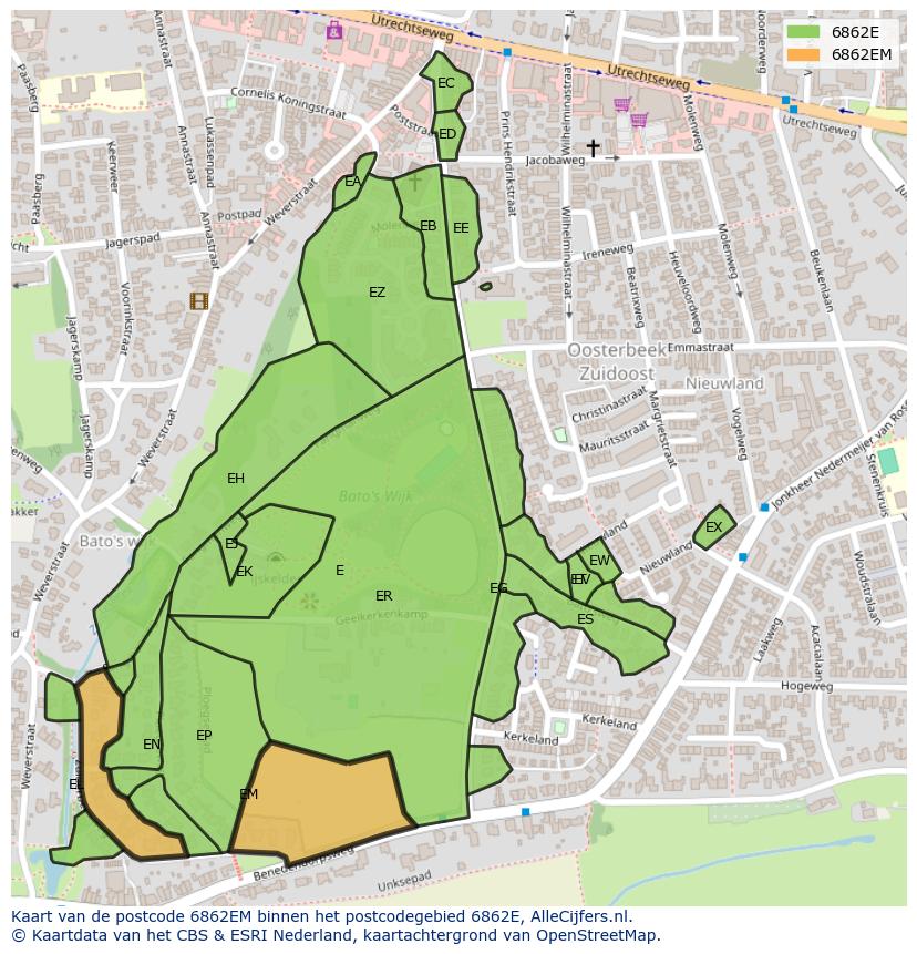 Afbeelding van het postcodegebied 6862 EM op de kaart.