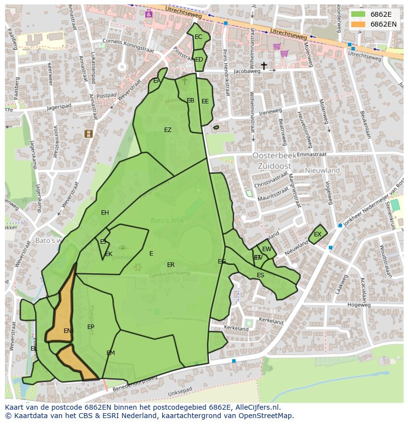 Afbeelding van het postcodegebied 6862 EN op de kaart.