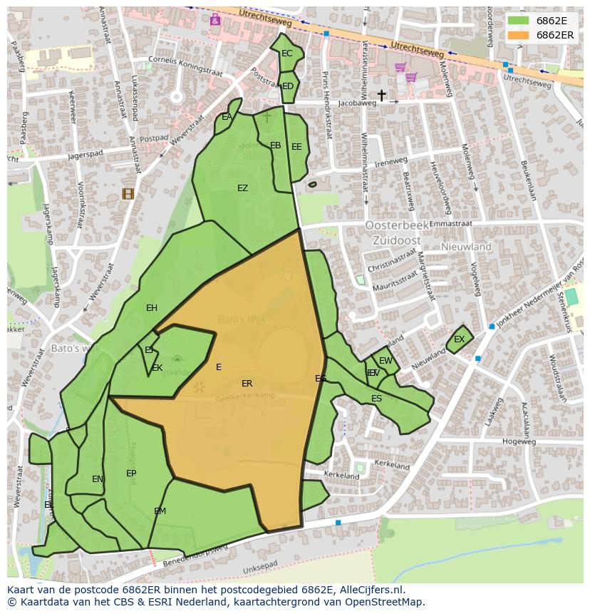 Afbeelding van het postcodegebied 6862 ER op de kaart.