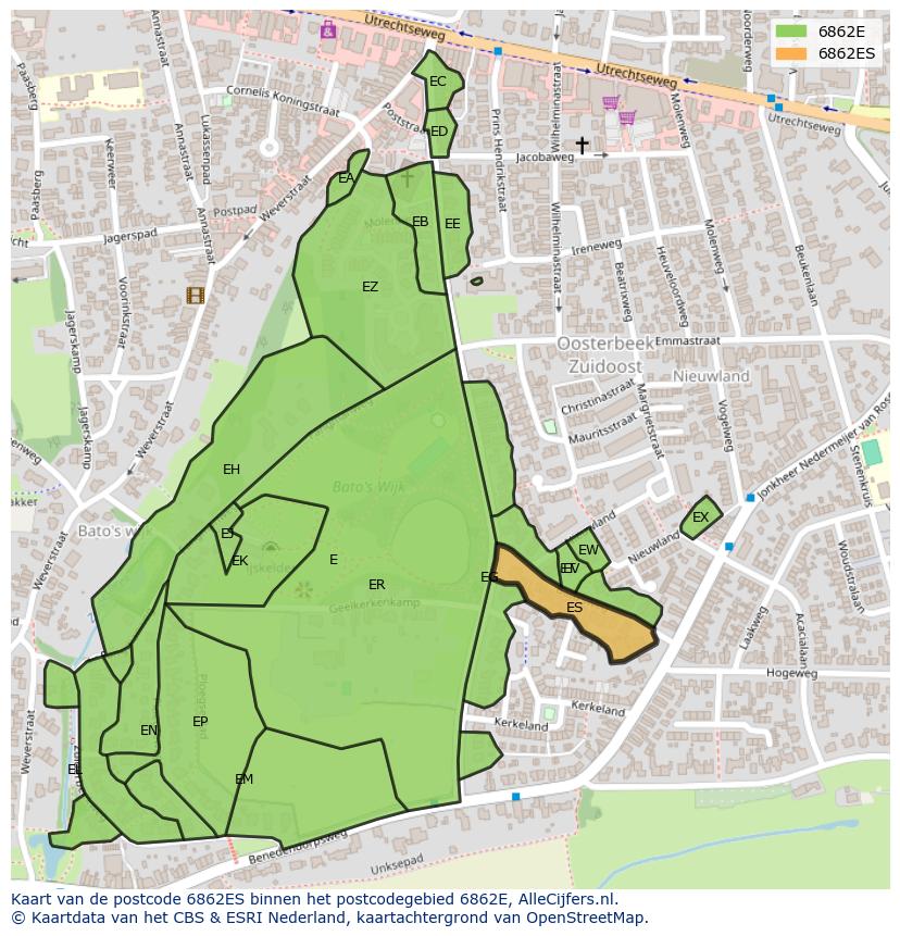 Afbeelding van het postcodegebied 6862 ES op de kaart.