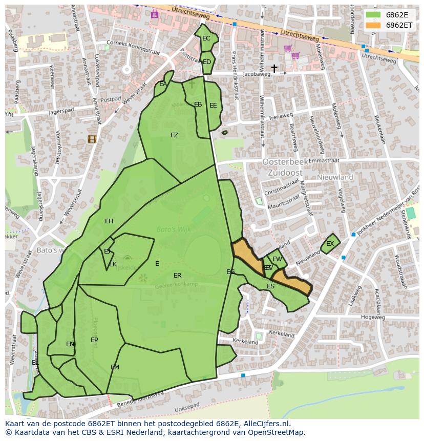 Afbeelding van het postcodegebied 6862 ET op de kaart.