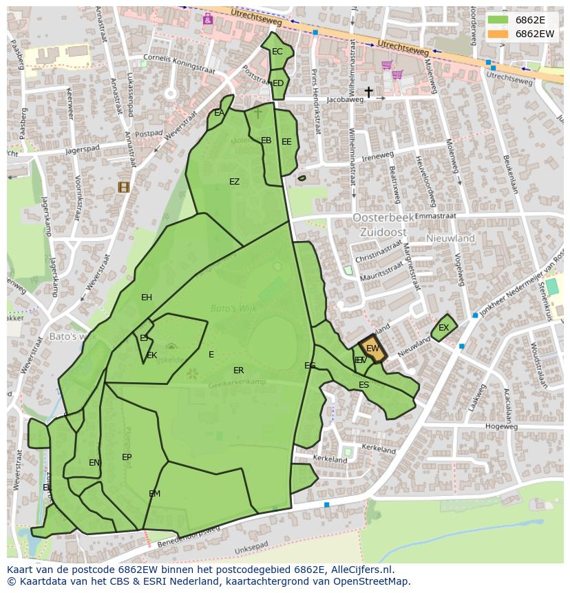 Afbeelding van het postcodegebied 6862 EW op de kaart.