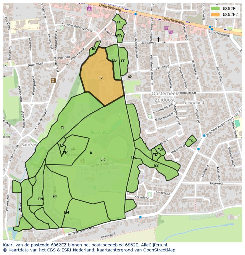 Afbeelding van het postcodegebied 6862 EZ op de kaart.