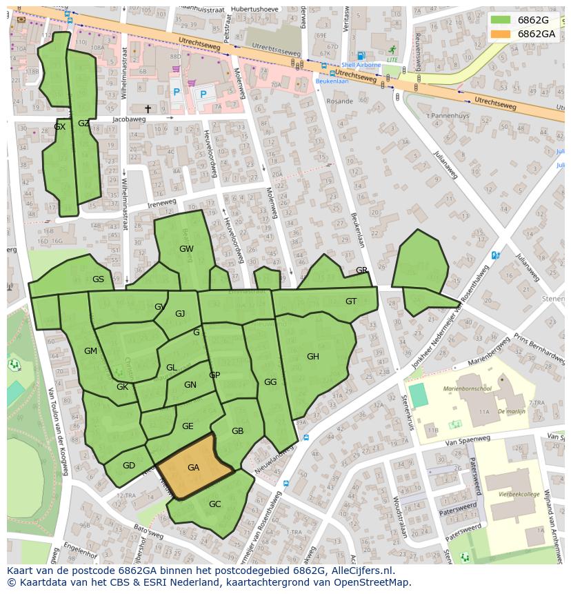 Afbeelding van het postcodegebied 6862 GA op de kaart.