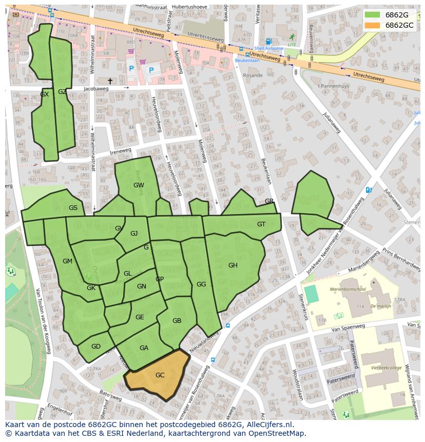 Afbeelding van het postcodegebied 6862 GC op de kaart.