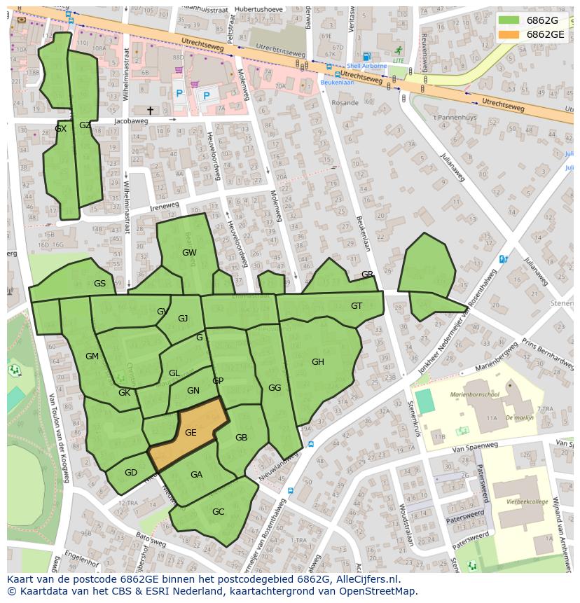 Afbeelding van het postcodegebied 6862 GE op de kaart.