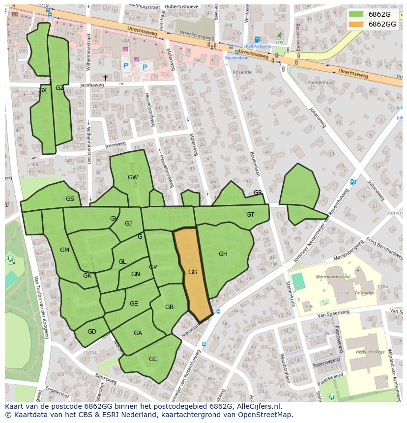 Afbeelding van het postcodegebied 6862 GG op de kaart.