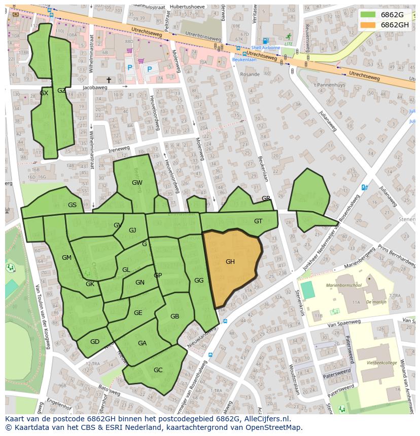 Afbeelding van het postcodegebied 6862 GH op de kaart.