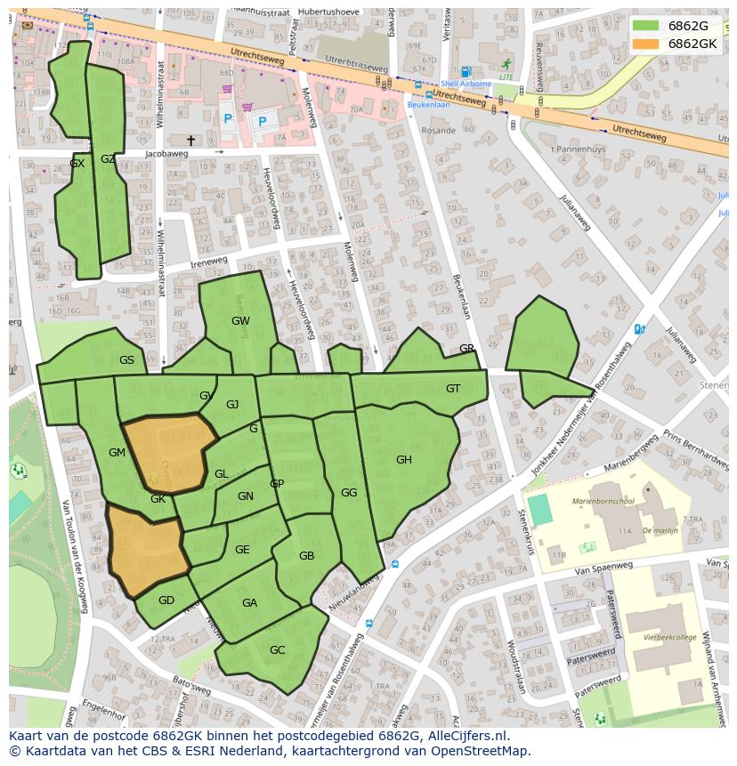 Afbeelding van het postcodegebied 6862 GK op de kaart.