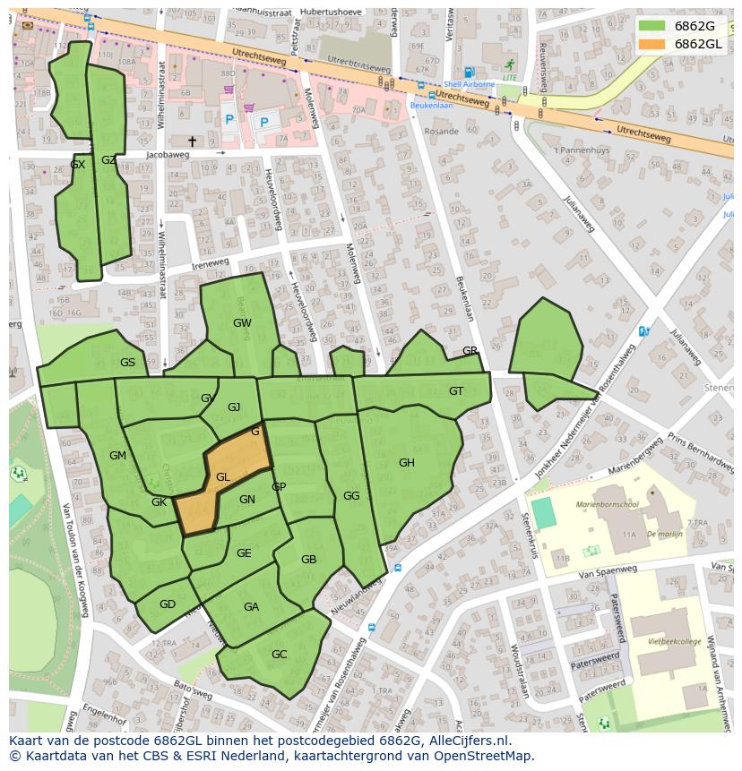 Afbeelding van het postcodegebied 6862 GL op de kaart.