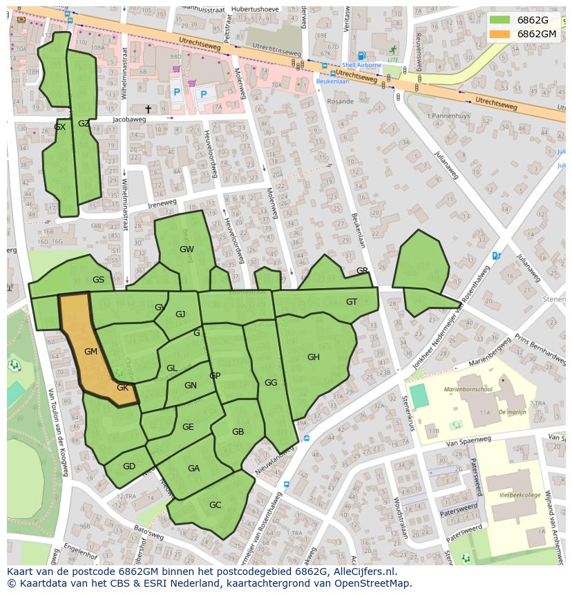 Afbeelding van het postcodegebied 6862 GM op de kaart.