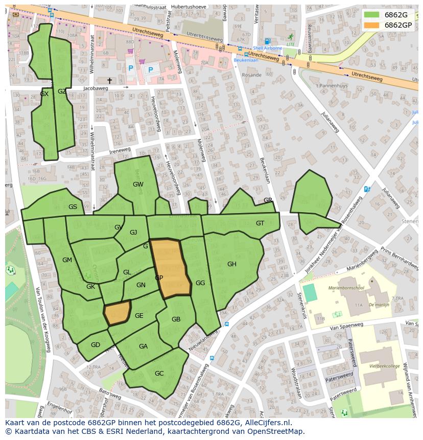 Afbeelding van het postcodegebied 6862 GP op de kaart.