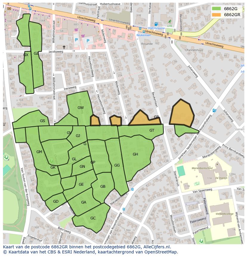 Afbeelding van het postcodegebied 6862 GR op de kaart.