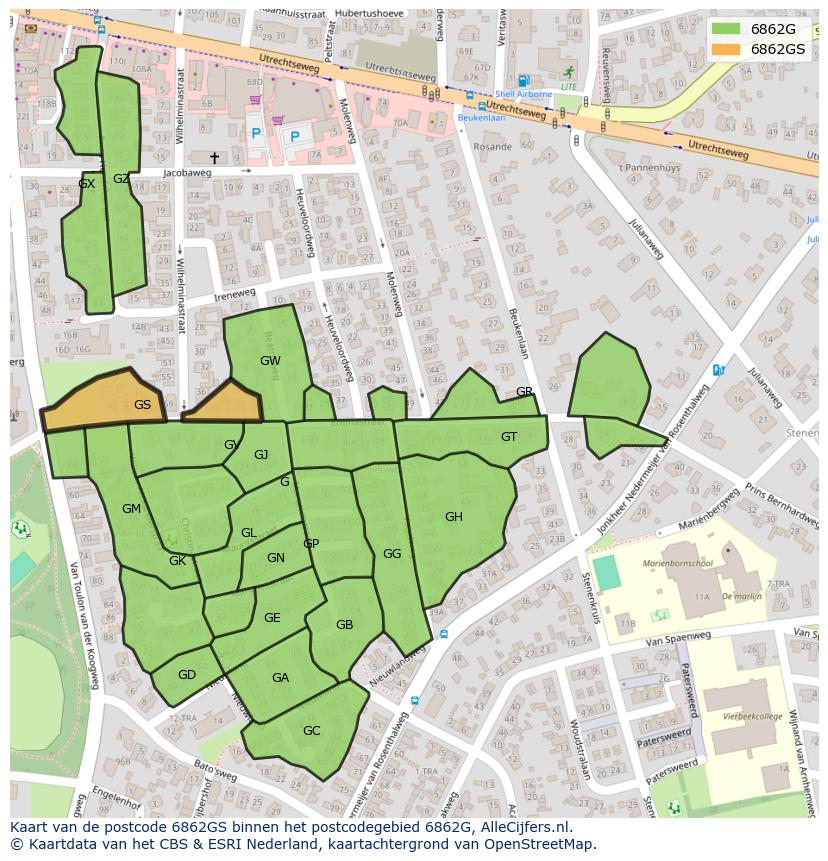 Afbeelding van het postcodegebied 6862 GS op de kaart.