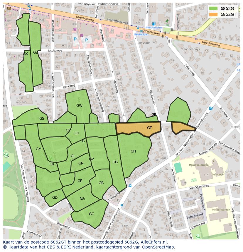 Afbeelding van het postcodegebied 6862 GT op de kaart.