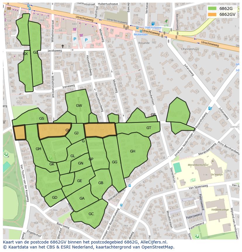 Afbeelding van het postcodegebied 6862 GV op de kaart.