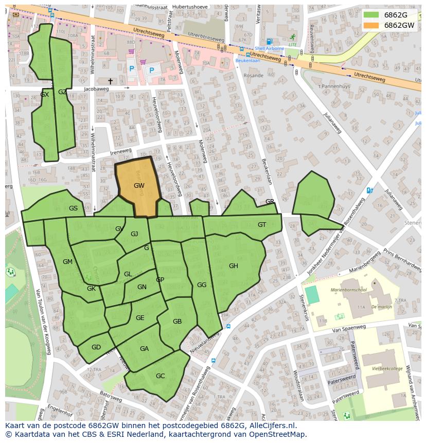 Afbeelding van het postcodegebied 6862 GW op de kaart.
