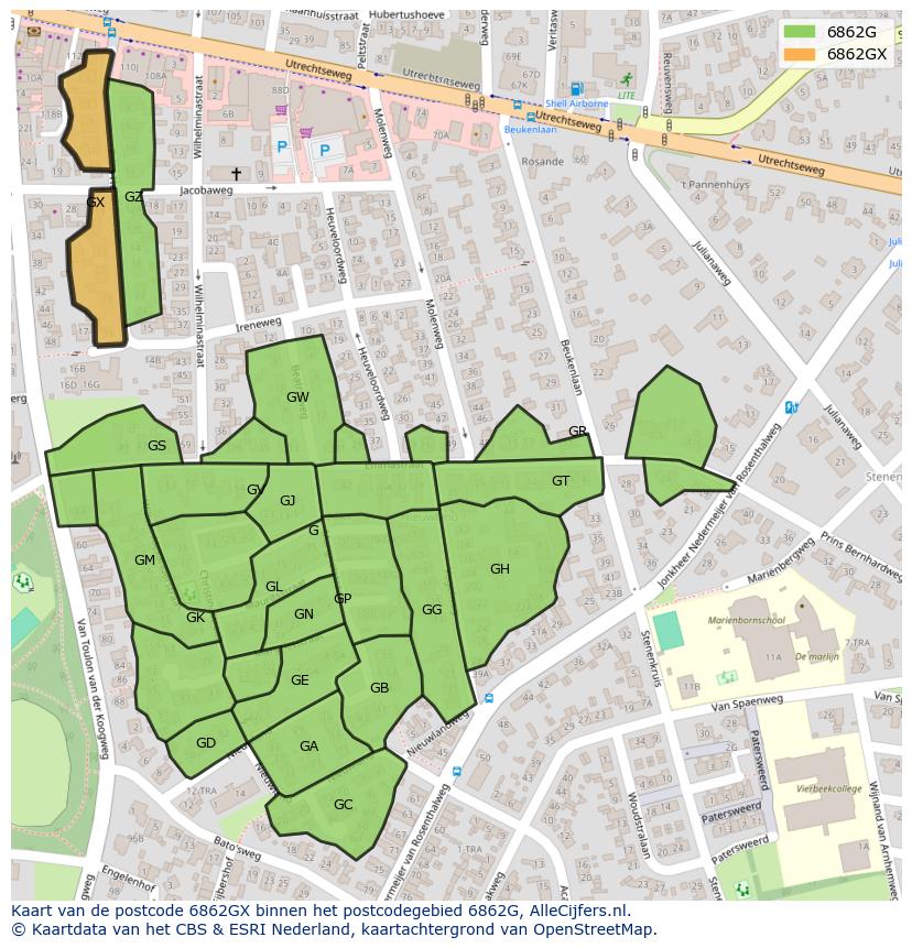 Afbeelding van het postcodegebied 6862 GX op de kaart.