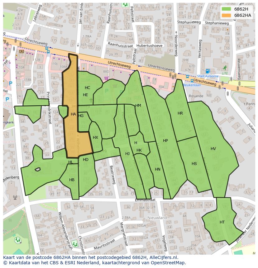 Afbeelding van het postcodegebied 6862 HA op de kaart.