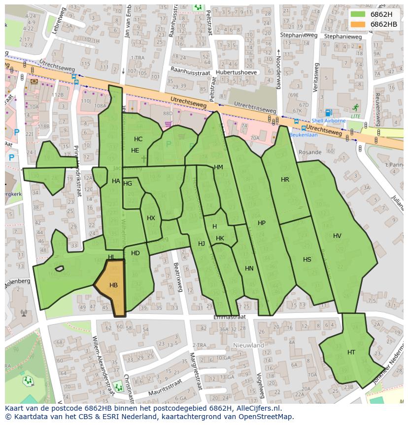 Afbeelding van het postcodegebied 6862 HB op de kaart.