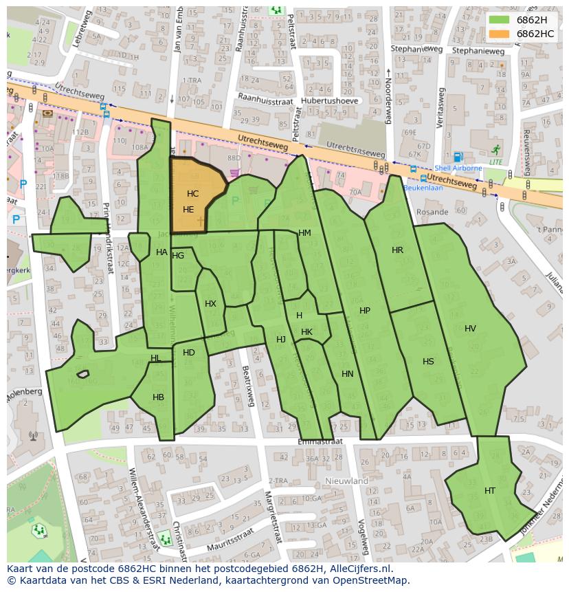 Afbeelding van het postcodegebied 6862 HC op de kaart.