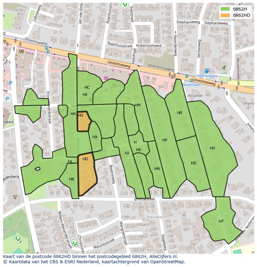 Afbeelding van het postcodegebied 6862 HD op de kaart.